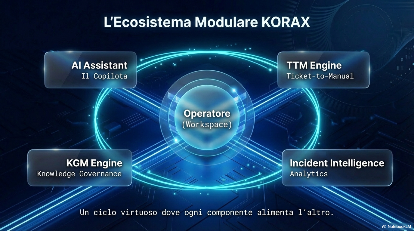 L'Ecosistema Modulare KORAX: AI Assistant, TTM Engine, KGM Engine, Incident Intelligence